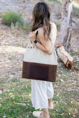 Handmade Wool & Leather Twisted Bag in Oatmeal