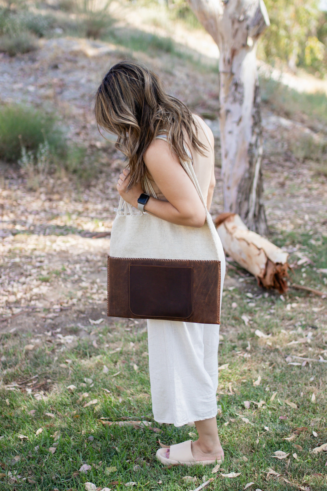 Handmade Wool & Leather Twisted Bag in Oatmeal