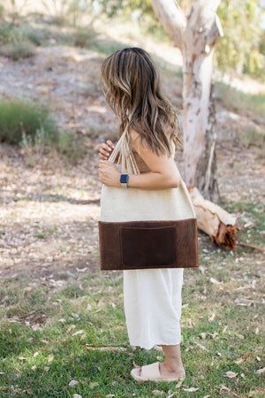 Handmade Wool & Leather Twisted Bag in Oatmeal