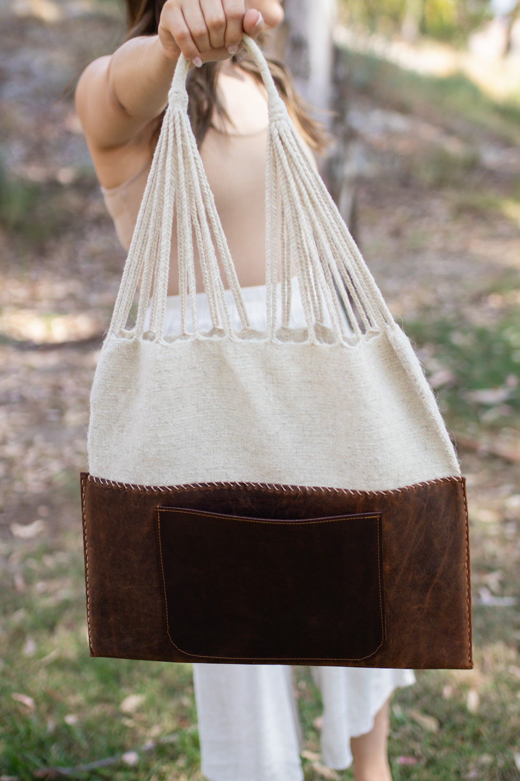 Handmade Wool & Leather Twisted Bag in Oatmeal