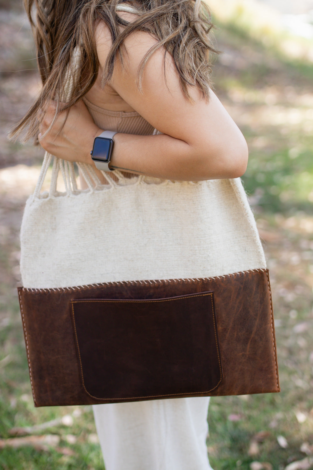 Handmade Wool & Leather Twisted Bag in Oatmeal