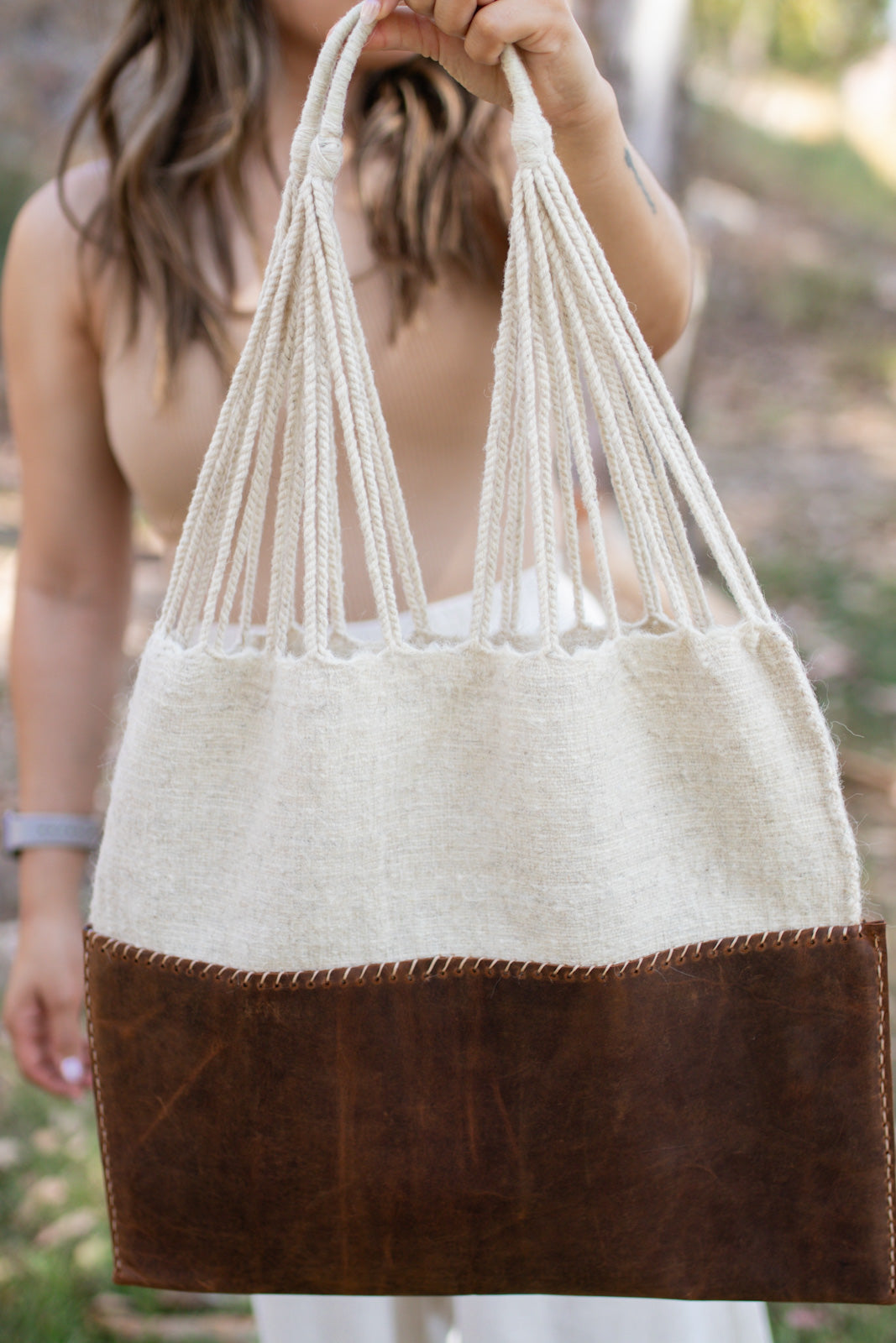 Handmade Wool & Leather Twisted Bag in Oatmeal