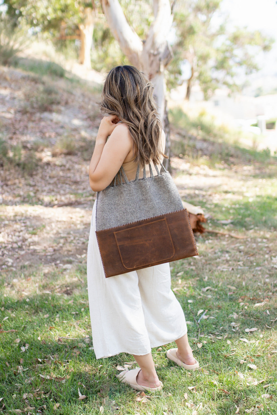 Handmade Wool & Leather Twisted Bag in Gray