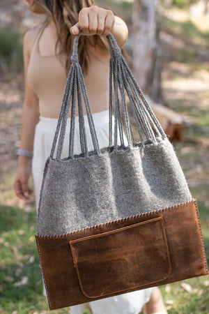 Handmade Wool & Leather Twisted Bag in Gray