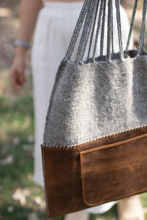 Handmade Wool & Leather Twisted Bag in Gray