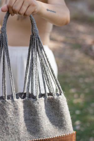 Handmade Wool & Leather Twisted Bag in Gray