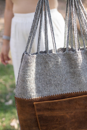 Handmade Wool & Leather Twisted Bag in Gray