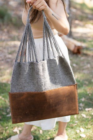 Handmade Wool & Leather Twisted Bag in Gray